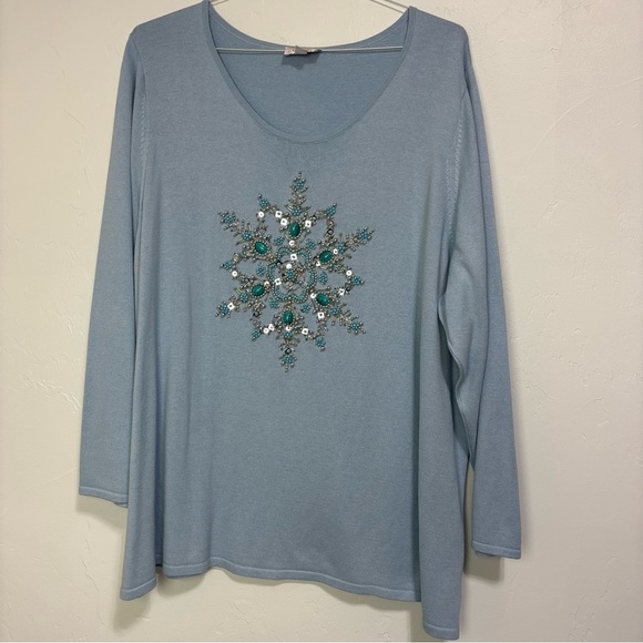 Quacker Factory Blue Women's Top 3X Plus Snowflake Beaded Cotton Blend Winter - Picture 1 of 8